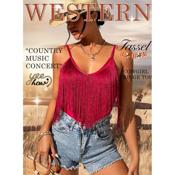 Women's Red Fringe Tank Top Western Festival Clothing Cowgirl V Neck Outfits - Picture 4 of 6